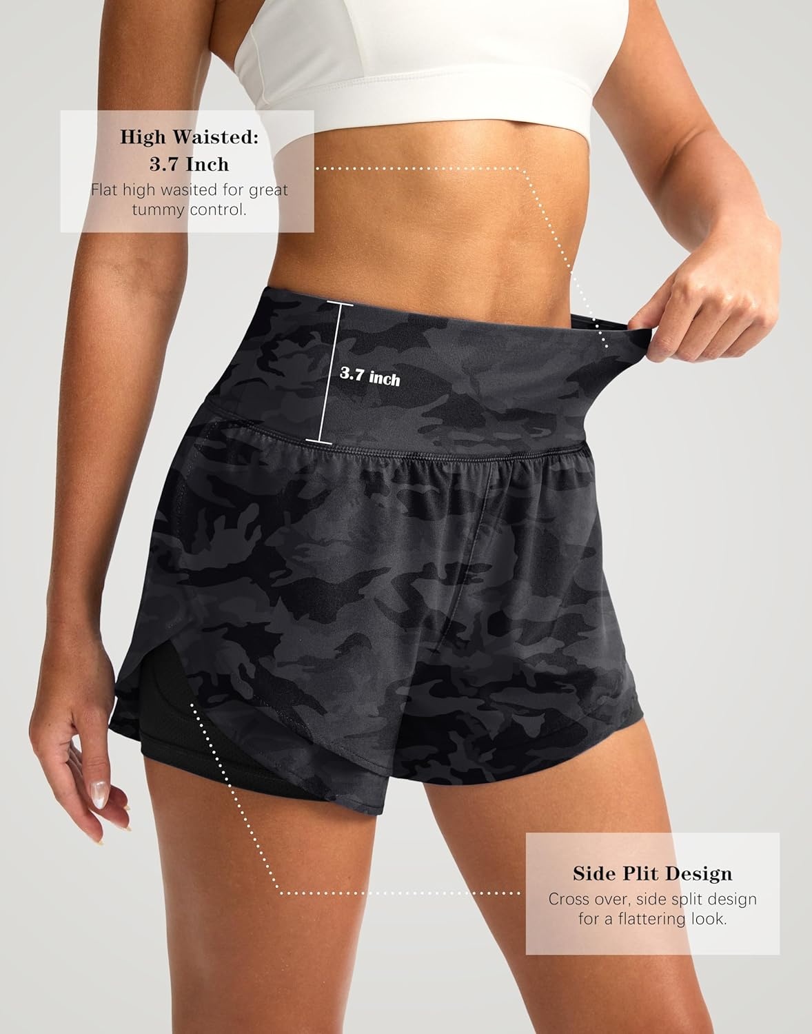 image:imageSANTINY Womens 2 in 1 Running Shorts with Pockets 3 High Waisted Exercise Workout Athletic Shorts for Women with LinerGrey Camo