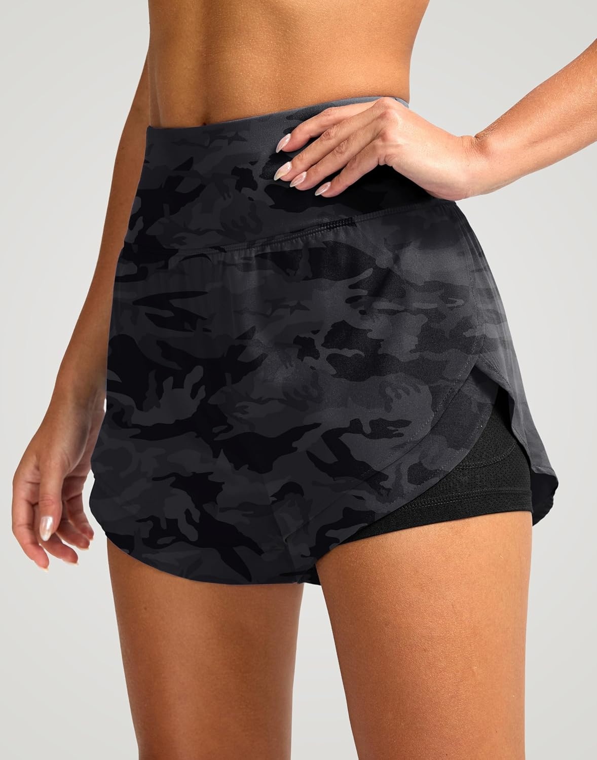 image:imageSANTINY Womens 2 in 1 Running Shorts with Pockets 3 High Waisted Exercise Workout Athletic Shorts for Women with LinerGrey Camo