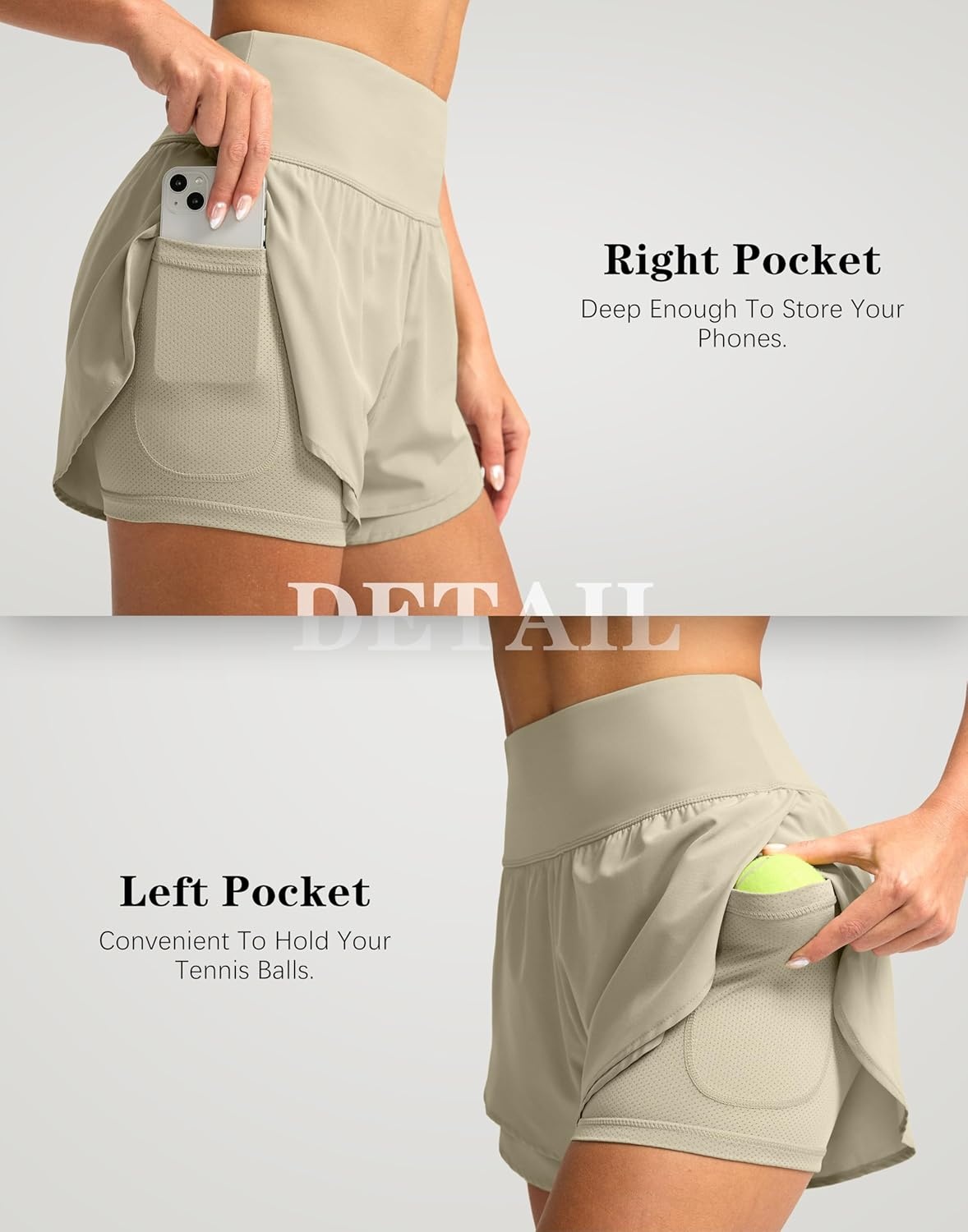 image:imageSANTINY Womens 2 in 1 Running Shorts with Pockets 3 High Waisted Exercise Workout Athletic Shorts for Women with LinerKhaki