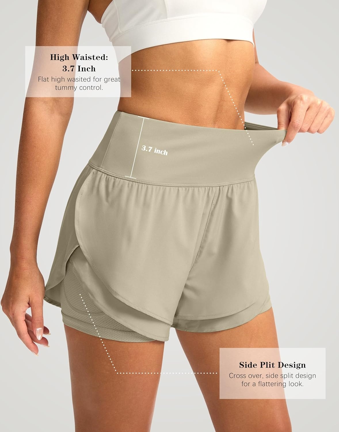 image:imageSANTINY Womens 2 in 1 Running Shorts with Pockets 3 High Waisted Exercise Workout Athletic Shorts for Women with LinerKhaki