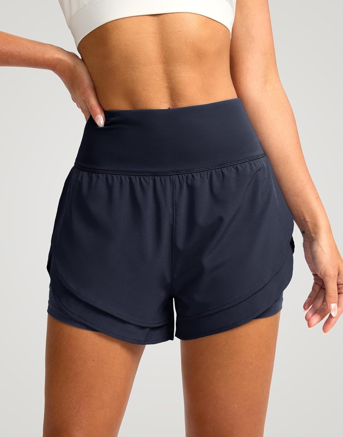 image:imageSANTINY Womens 2 in 1 Running Shorts with Pockets 3 High Waisted Exercise Workout Athletic Shorts for Women with LinerNavy