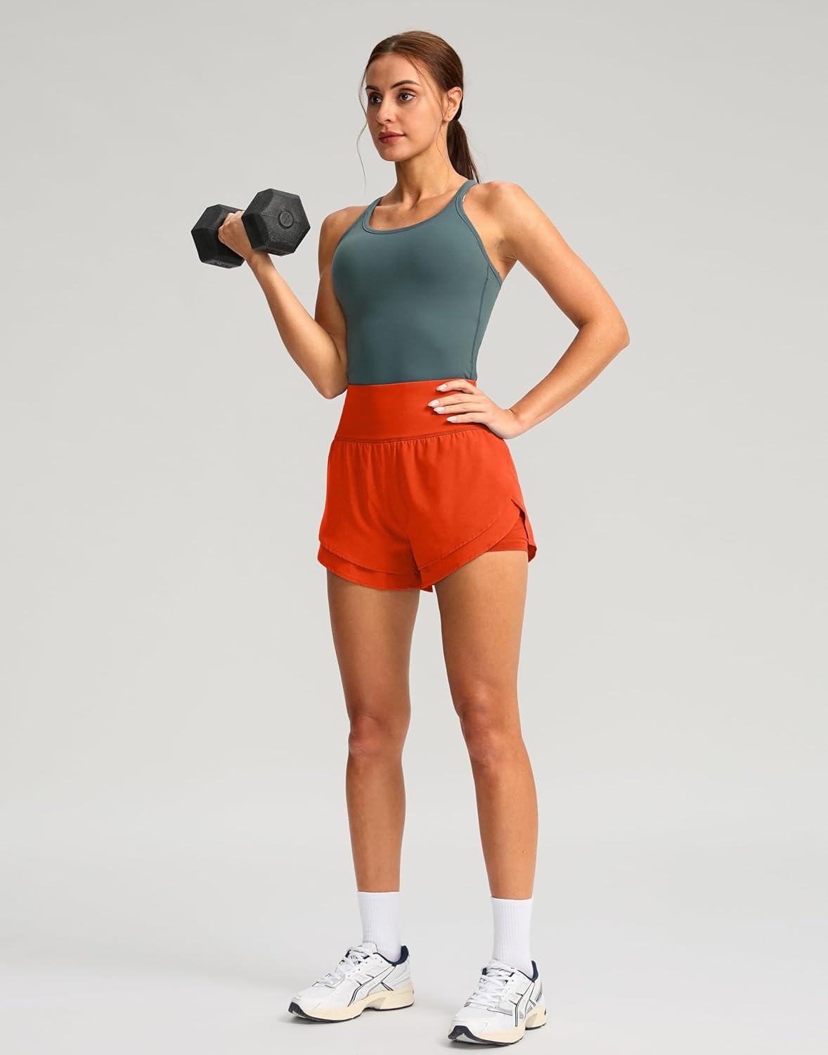 image:imageSANTINY Womens 2 in 1 Running Shorts with Pockets 3 High Waisted Exercise Workout Athletic Shorts for Women with LinerOrange