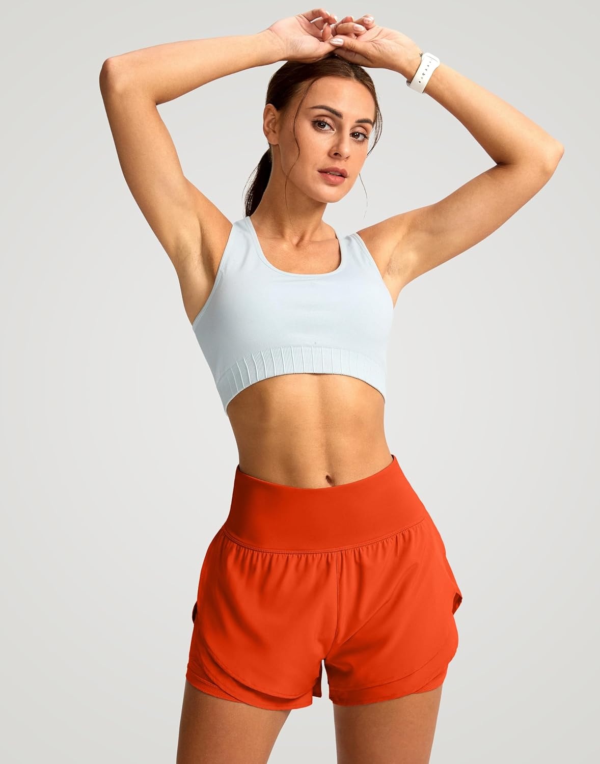 image:imageSANTINY Womens 2 in 1 Running Shorts with Pockets 3 High Waisted Exercise Workout Athletic Shorts for Women with LinerOrange