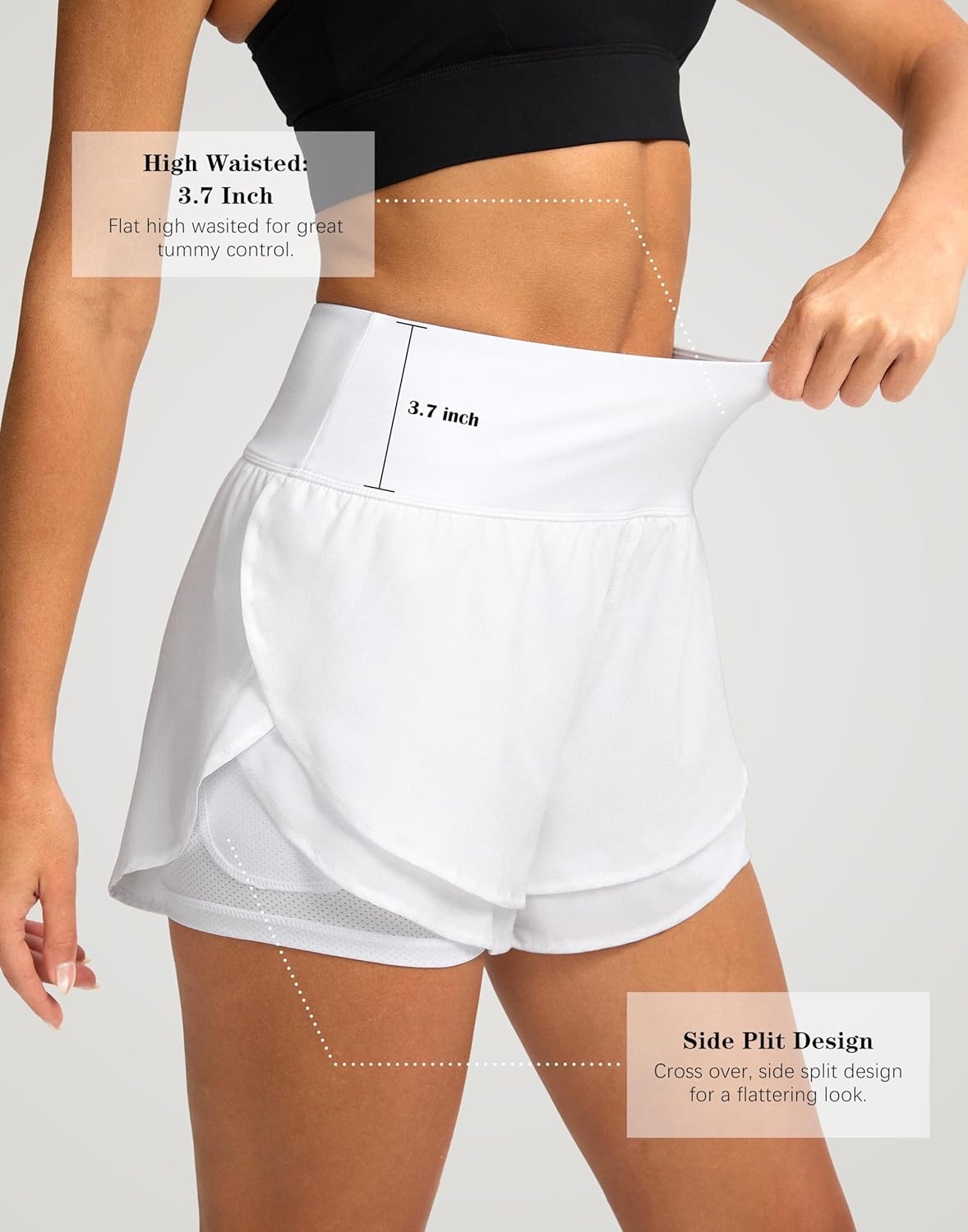 image:imageSANTINY Womens 2 in 1 Running Shorts with Pockets 3 High Waisted Exercise Workout Athletic Shorts for Women with LinerWhite
