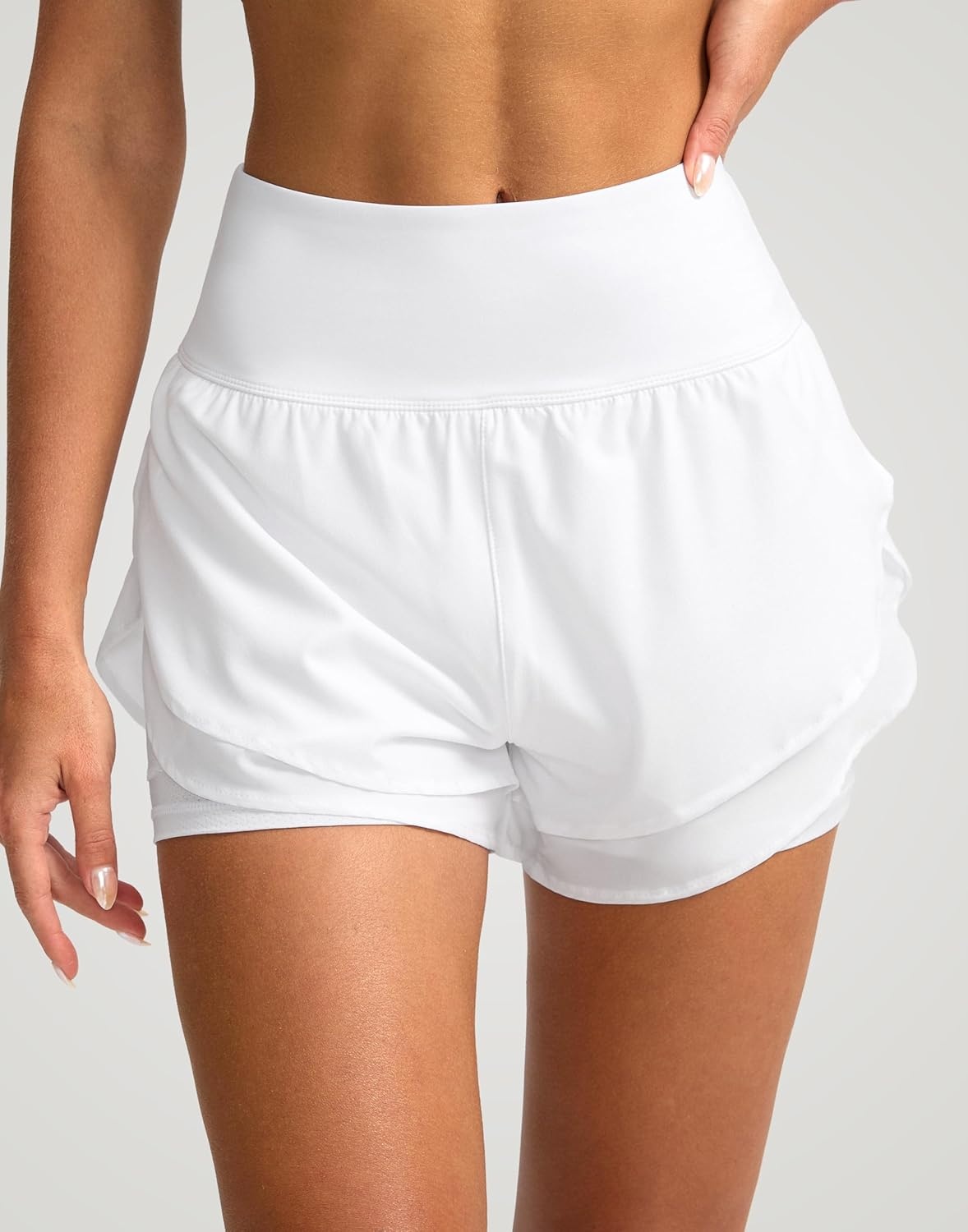 image:imageSANTINY Womens 2 in 1 Running Shorts with Pockets 3 High Waisted Exercise Workout Athletic Shorts for Women with LinerWhite