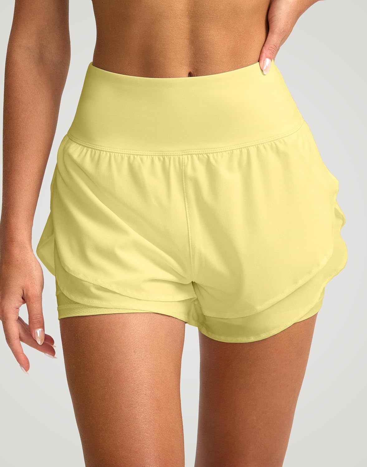 image:imageSANTINY Womens 2 in 1 Running Shorts with Pockets 3 High Waisted Exercise Workout Athletic Shorts for Women with LinerYellow