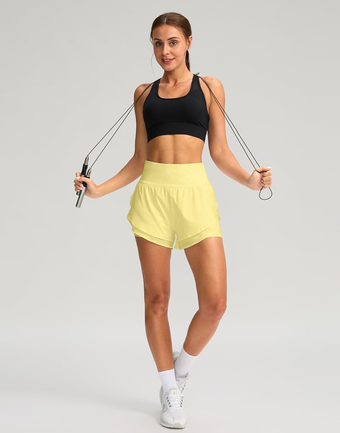 image:imageSANTINY Womens 2 in 1 Running Shorts with Pockets 3 High Waisted Exercise Workout Athletic Shorts for Women with LinerYellow