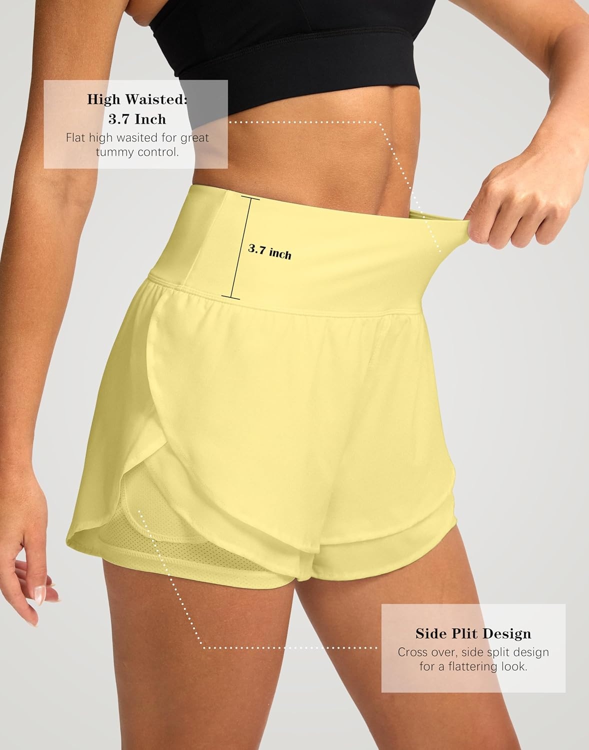 image:imageSANTINY Womens 2 in 1 Running Shorts with Pockets 3 High Waisted Exercise Workout Athletic Shorts for Women with LinerYellow