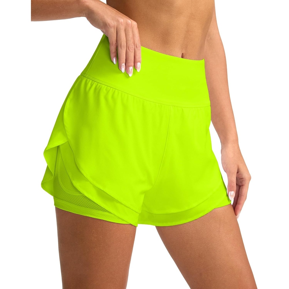 image:imageSANTINY Womens 2 in 1 Running Shorts with Pockets 3 High Waisted Exercise Workout Athletic Shorts for Women with LinerBright Green