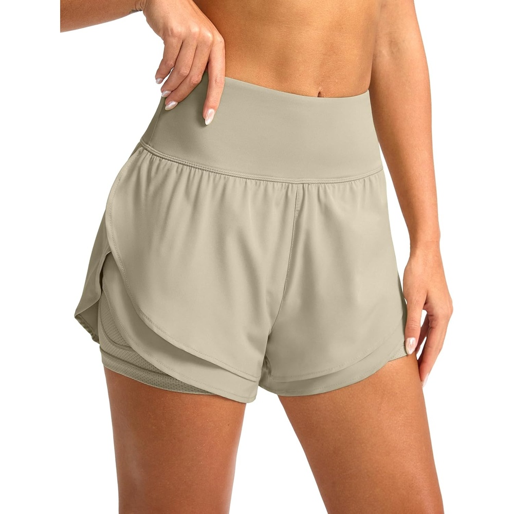 image:imageSANTINY Womens 2 in 1 Running Shorts with Pockets 3 High Waisted Exercise Workout Athletic Shorts for Women with LinerKhaki