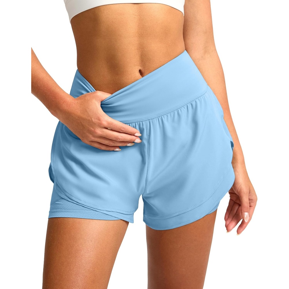 image:imageSANTINY Womens 2 in 1 Running Shorts with Pockets 3 High Waisted Exercise Workout Athletic Shorts for Women with LinerLight Blue