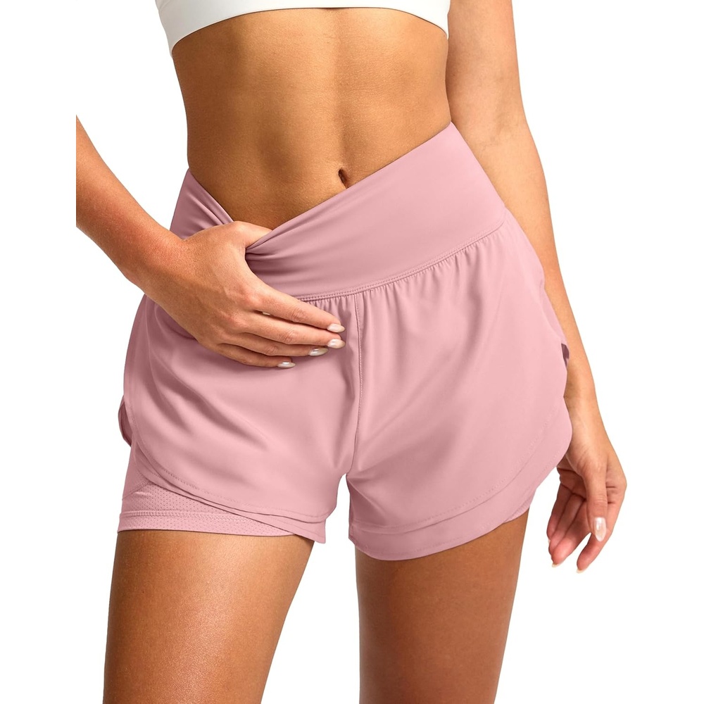 image:imageSANTINY Womens 2 in 1 Running Shorts with Pockets 3 High Waisted Exercise Workout Athletic Shorts for Women with LinerPink