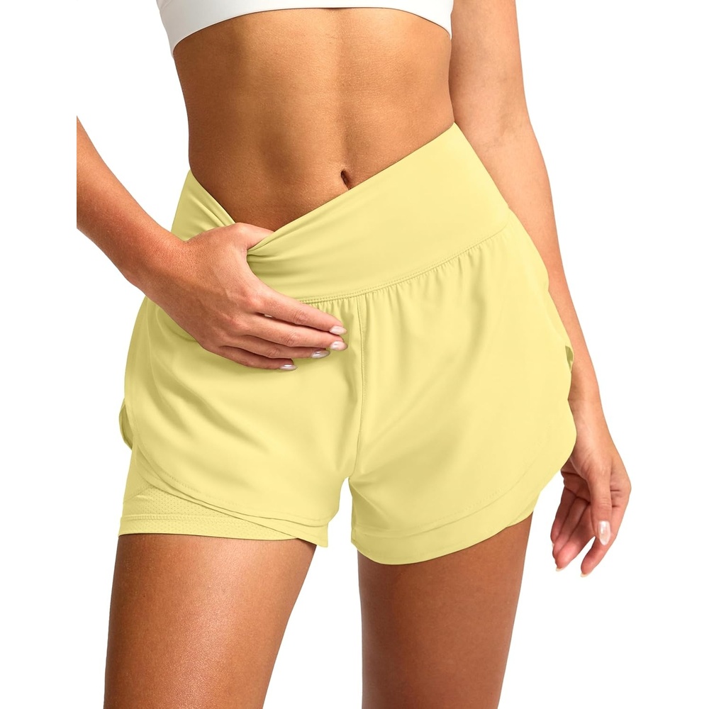 image:imageSANTINY Womens 2 in 1 Running Shorts with Pockets 3 High Waisted Exercise Workout Athletic Shorts for Women with LinerYellow