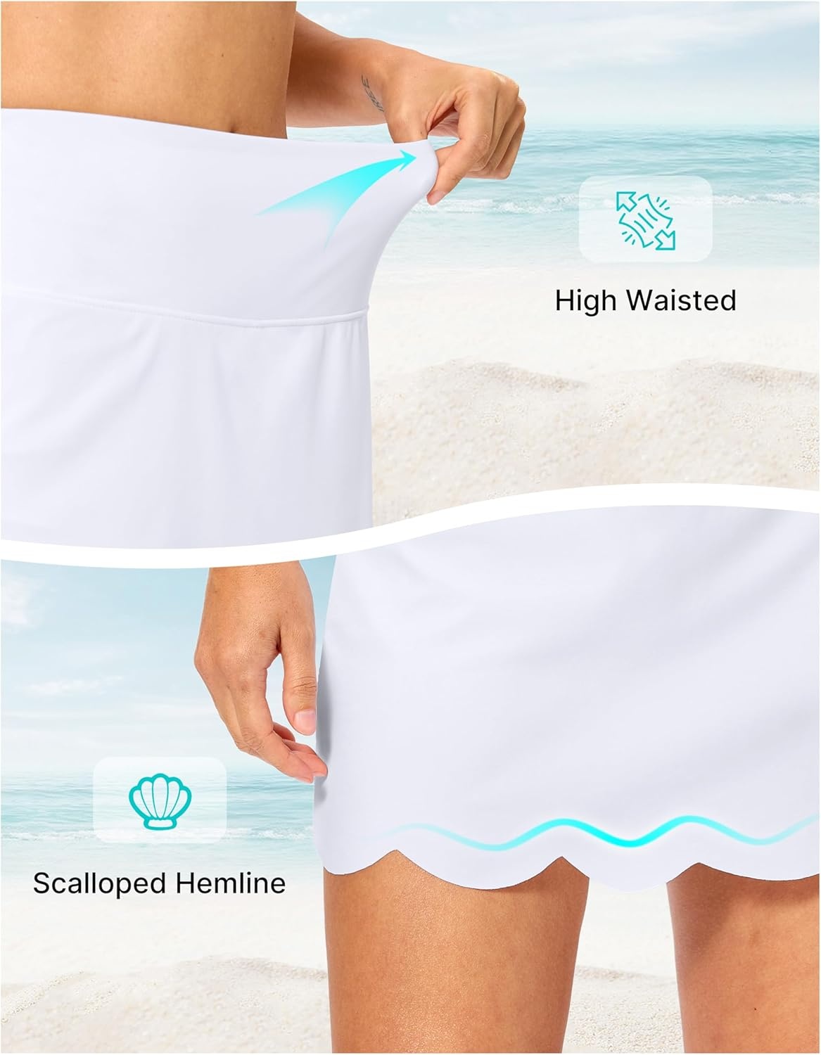 image:imageSANTINY Womens Swim Skirt with Pocket Scalloped Hem High Waist Tankini Swimsuit Tummy Control Bathing Suit Bottoms for WomenA White