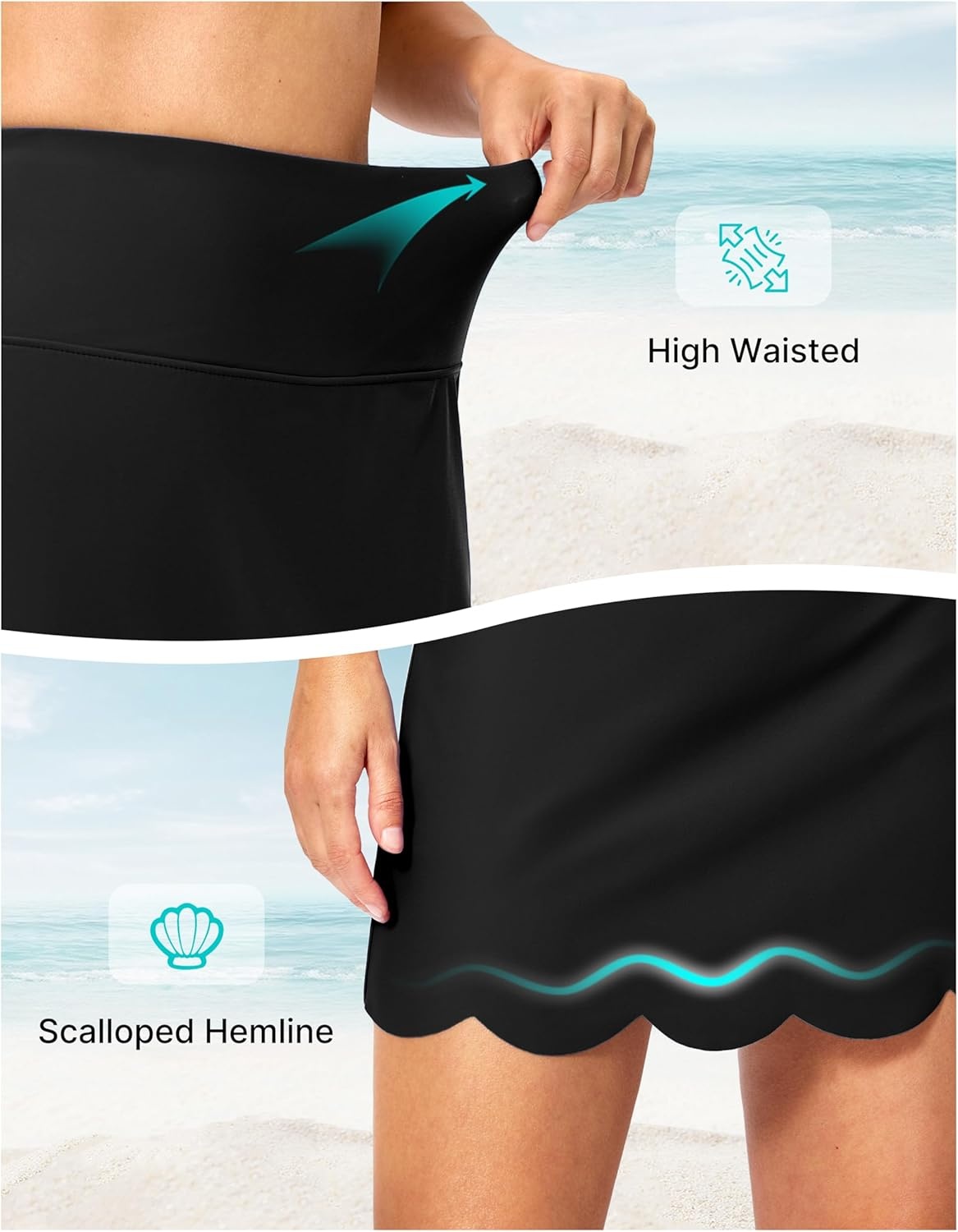 image:imageSANTINY Womens Swim Skirt with Pocket Scalloped Hem High Waist Tankini Swimsuit Tummy Control Bathing Suit Bottoms for WomenBlack