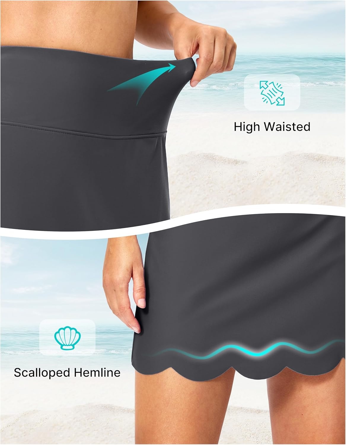 image:imageSANTINY Womens Swim Skirt with Pocket Scalloped Hem High Waist Tankini Swimsuit Tummy Control Bathing Suit Bottoms for WomenGrey