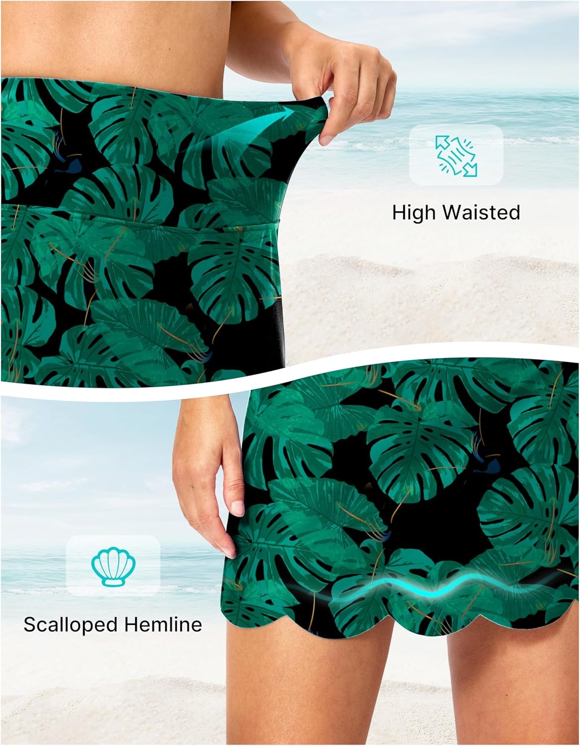 image:imageSANTINY Womens Swim Skirt with Pocket Scalloped Hem High Waist Tankini Swimsuit Tummy Control Bathing Suit Bottoms for WomenLeaf