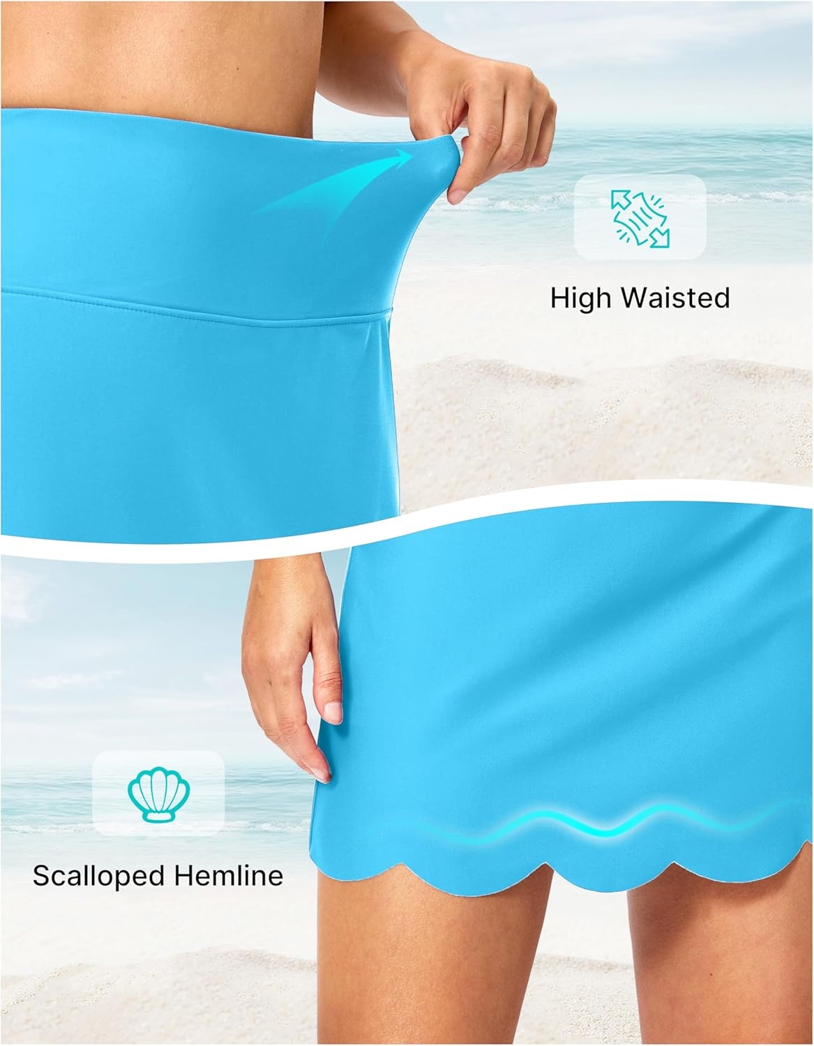 image:imageSANTINY Womens Swim Skirt with Pocket Scalloped Hem High Waist Tankini Swimsuit Tummy Control Bathing Suit Bottoms for WomenLight Blue