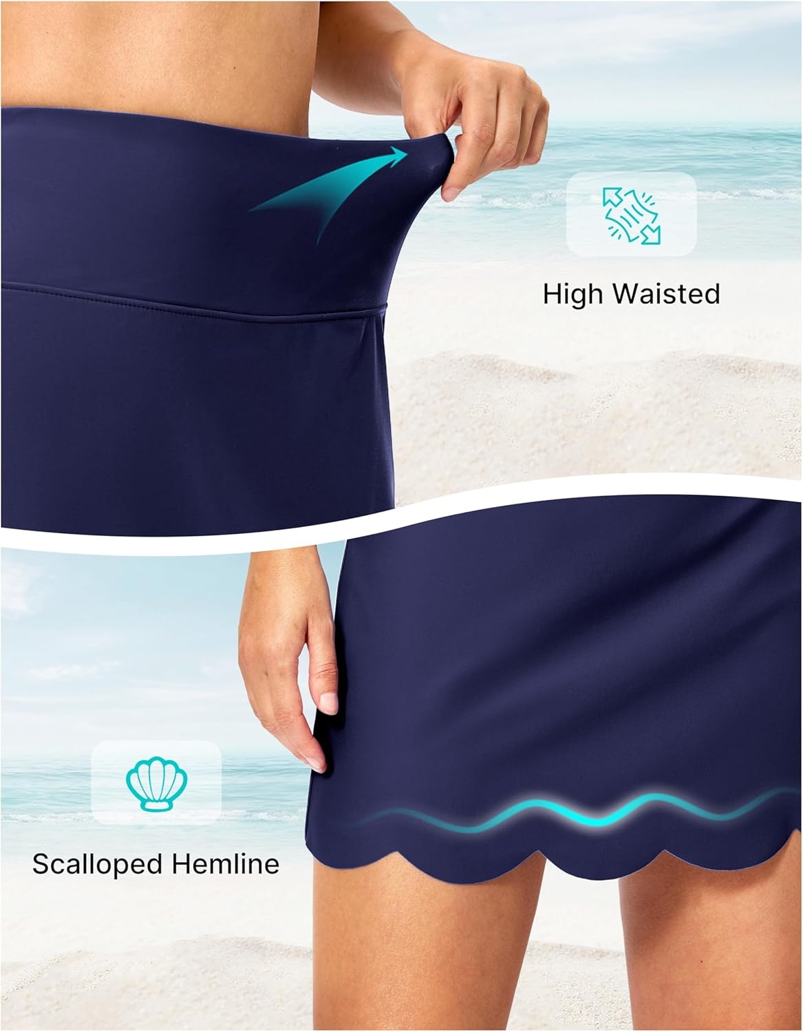 image:imageSANTINY Womens Swim Skirt with Pocket Scalloped Hem High Waist Tankini Swimsuit Tummy Control Bathing Suit Bottoms for WomenNavy