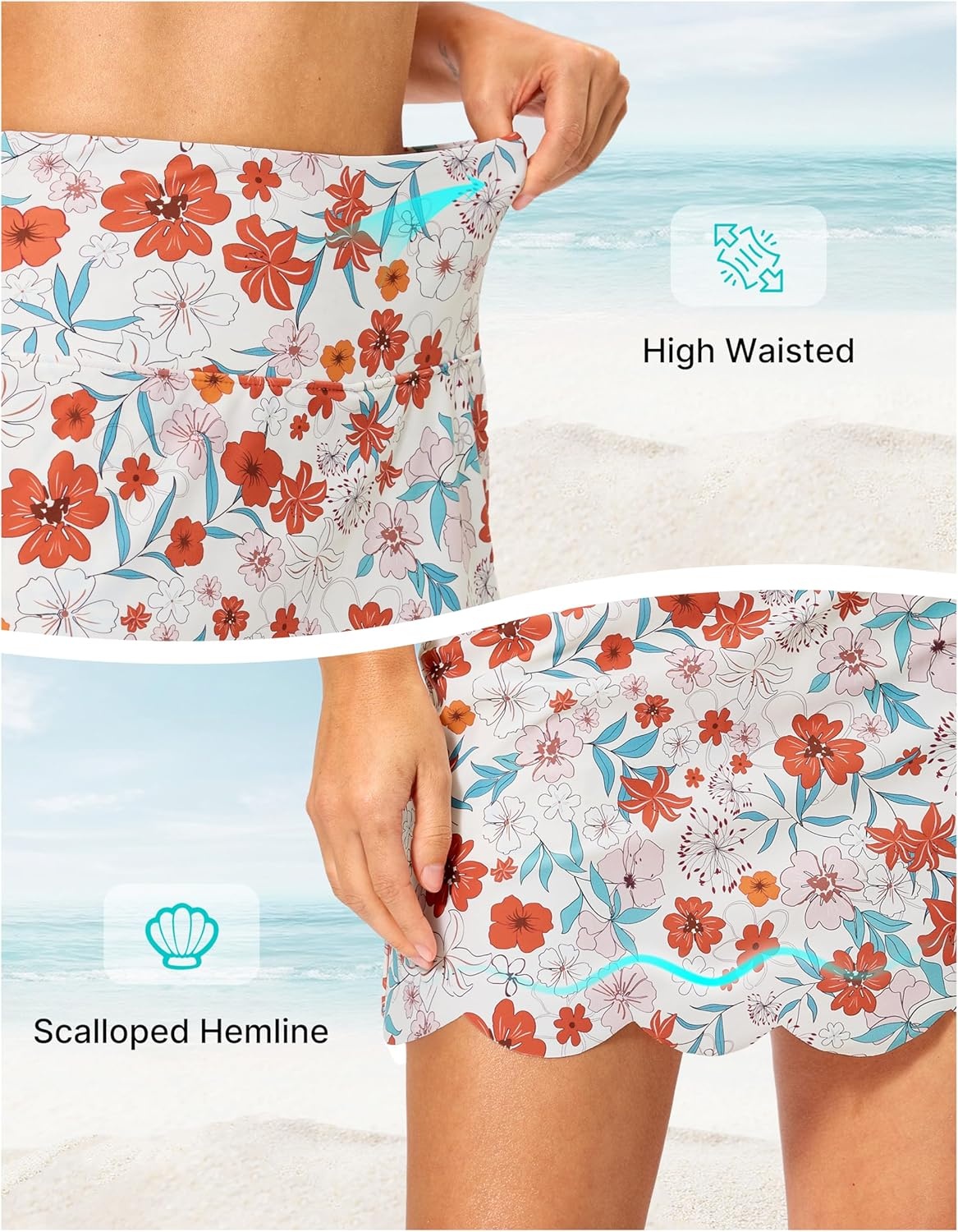 image:imageSANTINY Womens Swim Skirt with Pocket Scalloped Hem High Waist Tankini Swimsuit Tummy Control Bathing Suit Bottoms for WomenOrange Flower