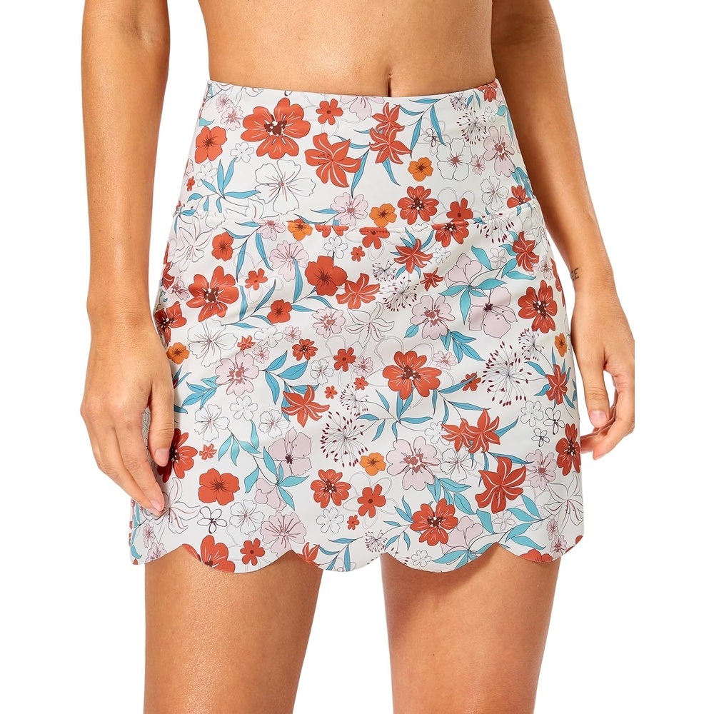 image:imageSANTINY Womens Swim Skirt with Pocket Scalloped Hem High Waist Tankini Swimsuit Tummy Control Bathing Suit Bottoms for WomenOrange Flower