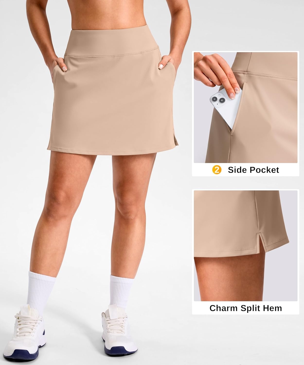 image:imageSANTINY 1416 Skorts for Women with 3 Pockets High Waisted Casual Golf Skort Pickleball Athletic Tennis SkirtKhaki