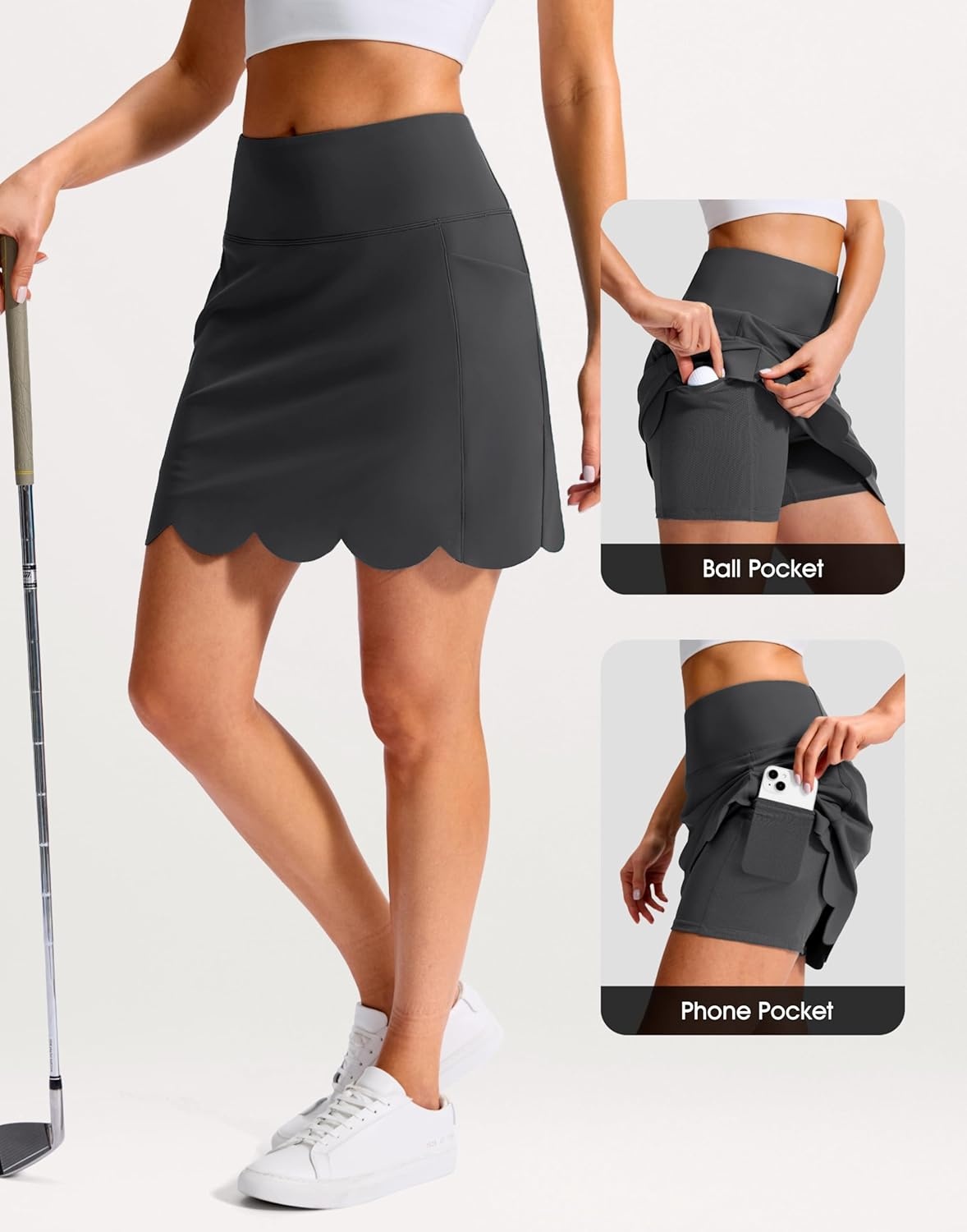 image:imageSANTINY 16 Skorts for Women with 4 Pockets High Waisted Scalloped Hem Athletic Tennis Skirt Golf Skort Dressy CasualGrey