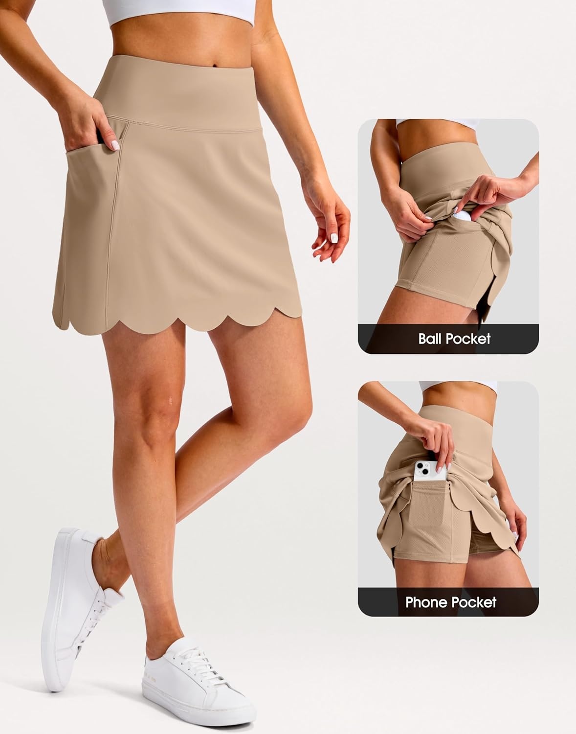 image:imageSANTINY 16 Skorts for Women with 4 Pockets High Waisted Scalloped Hem Athletic Tennis Skirt Golf Skort Dressy CasualKhaki
