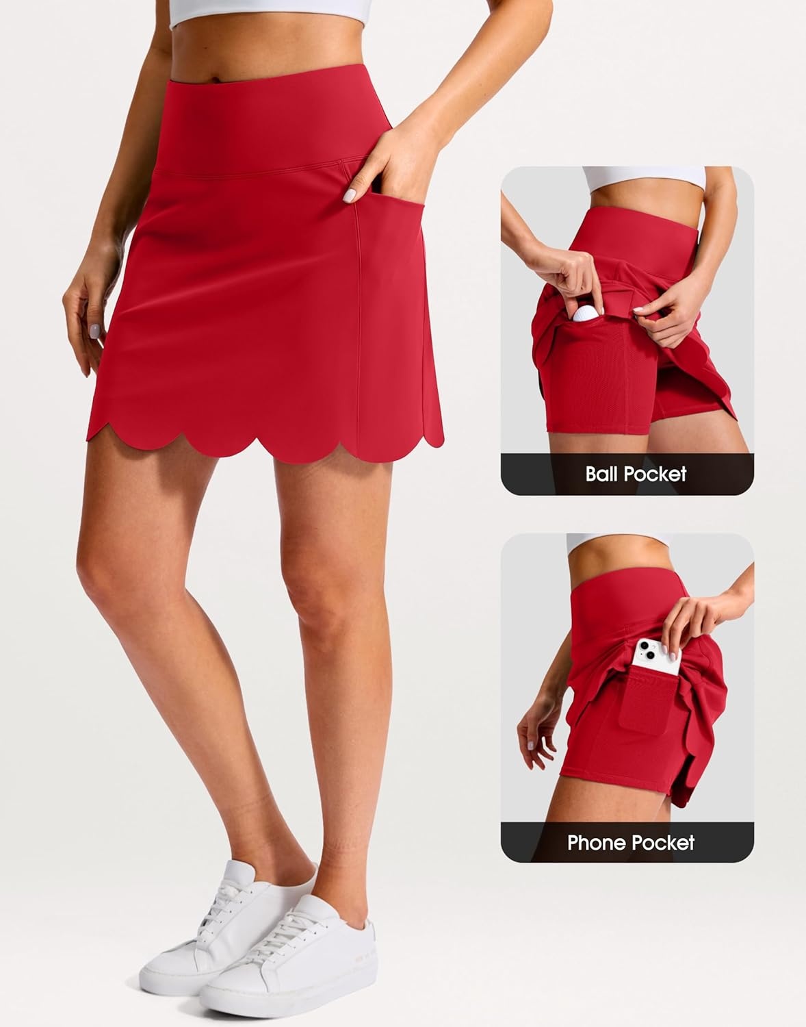 image:imageSANTINY 16 Skorts for Women with 4 Pockets High Waisted Scalloped Hem Athletic Tennis Skirt Golf Skort Dressy CasualRed