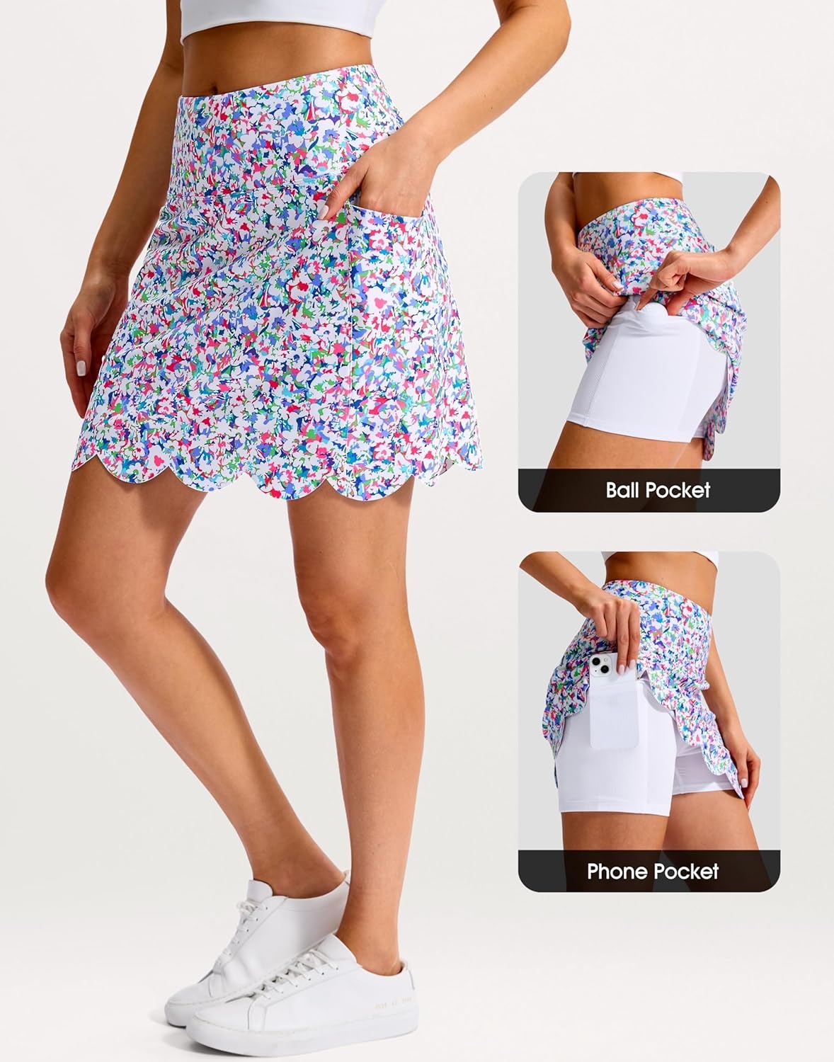 image:imageSANTINY 16 Skorts for Women with 4 Pockets High Waisted Scalloped Hem Athletic Tennis Skirt Golf Skort Dressy CasualSmall Abstract Flower