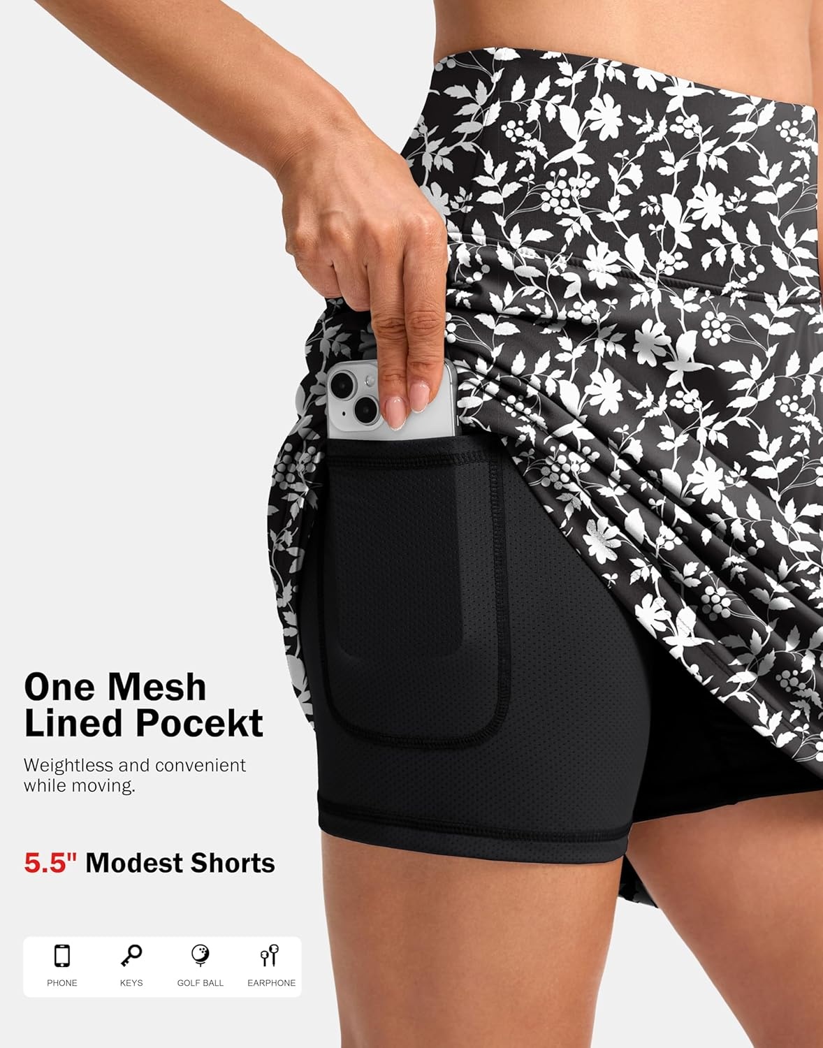 image:imageSANTINY 20 Skorts for Women 3 Pockets High Waist Long Athletic Tennis Skirt Golf Skort for Casual Summer TravelBlack Flower