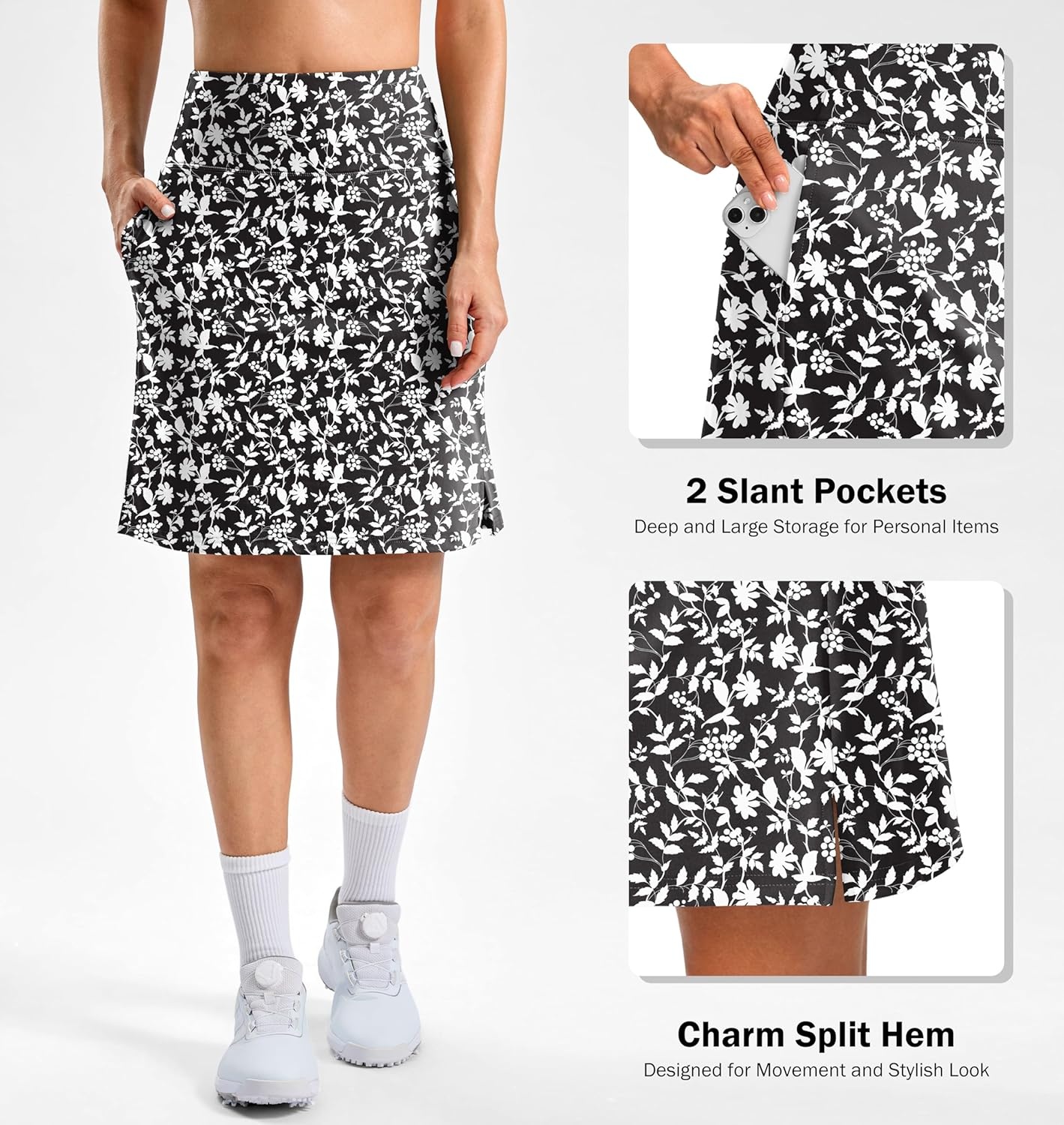 image:imageSANTINY 20 Skorts for Women 3 Pockets High Waist Long Athletic Tennis Skirt Golf Skort for Casual Summer TravelBlack Flower