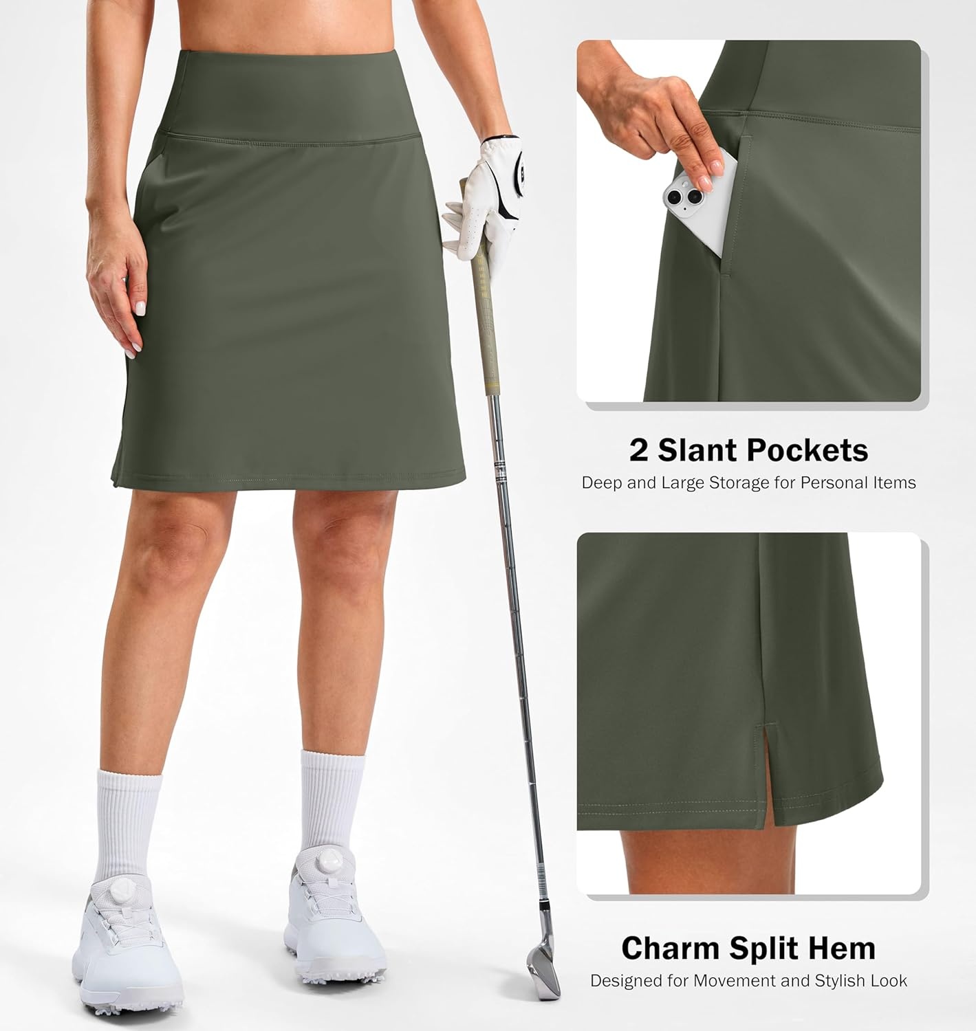 image:imageSANTINY 20 Skorts for Women 3 Pockets High Waist Long Athletic Tennis Skirt Golf Skort for Casual Summer TravelGrey Sage