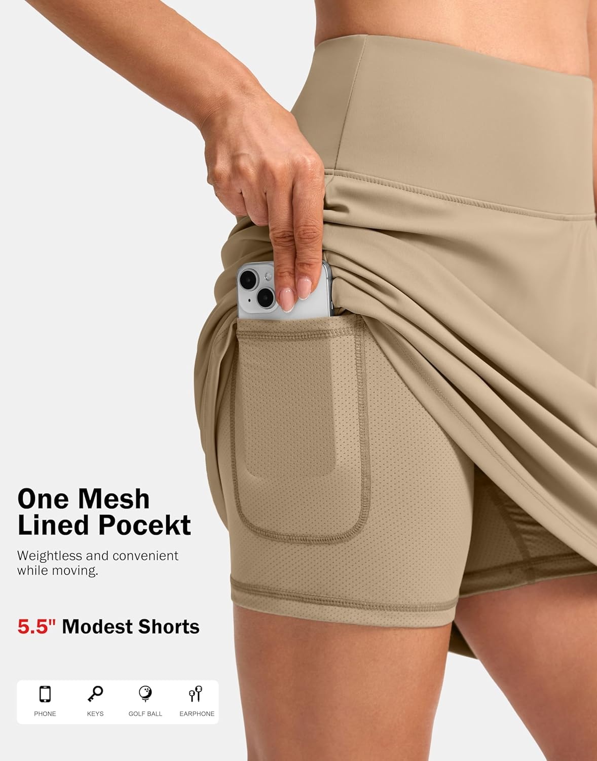 image:imageSANTINY 20 Skorts for Women 3 Pockets High Waist Long Athletic Tennis Skirt Golf Skort for Casual Summer TravelKhaki