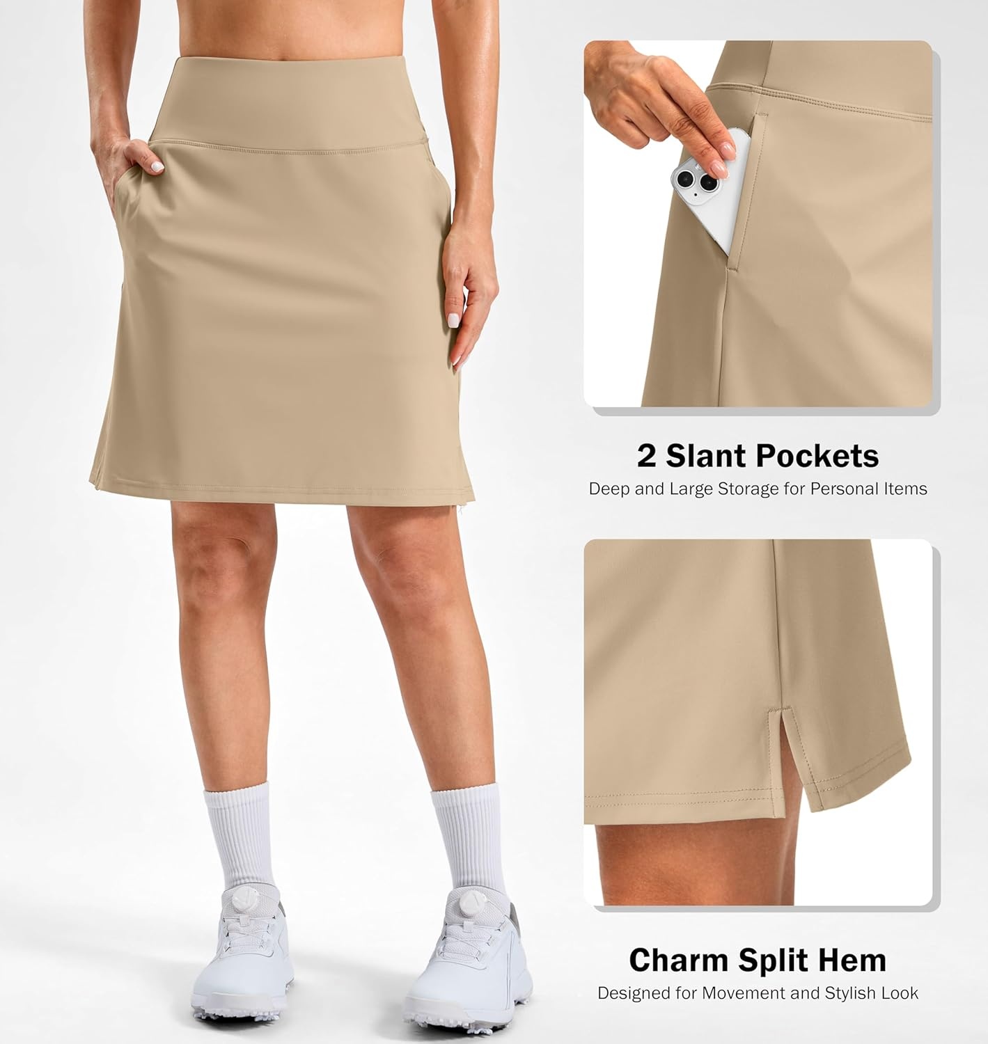 image:imageSANTINY 20 Skorts for Women 3 Pockets High Waist Long Athletic Tennis Skirt Golf Skort for Casual Summer TravelKhaki