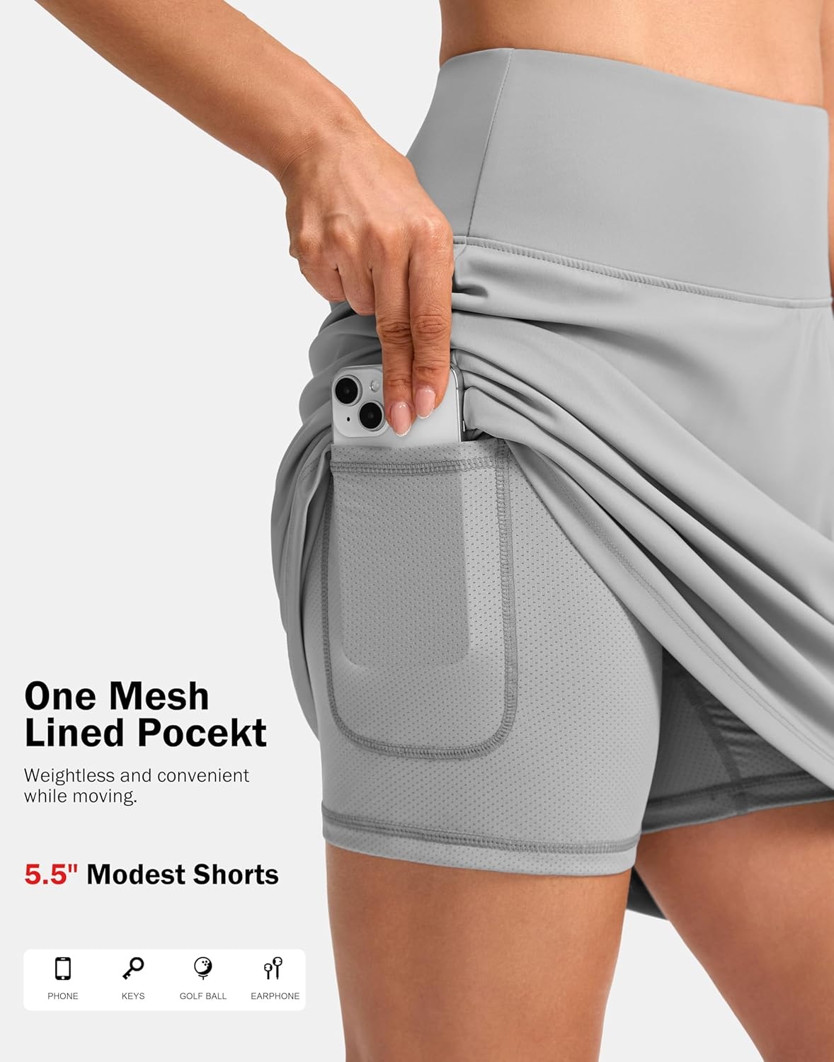 image:imageSANTINY 20 Skorts for Women 3 Pockets High Waist Long Athletic Tennis Skirt Golf Skort for Casual Summer TravelLight Grey