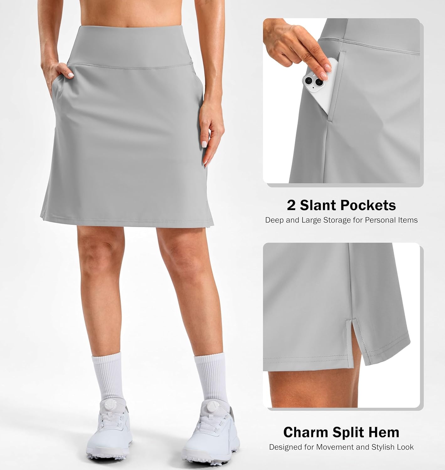image:imageSANTINY 20 Skorts for Women 3 Pockets High Waist Long Athletic Tennis Skirt Golf Skort for Casual Summer TravelLight Grey