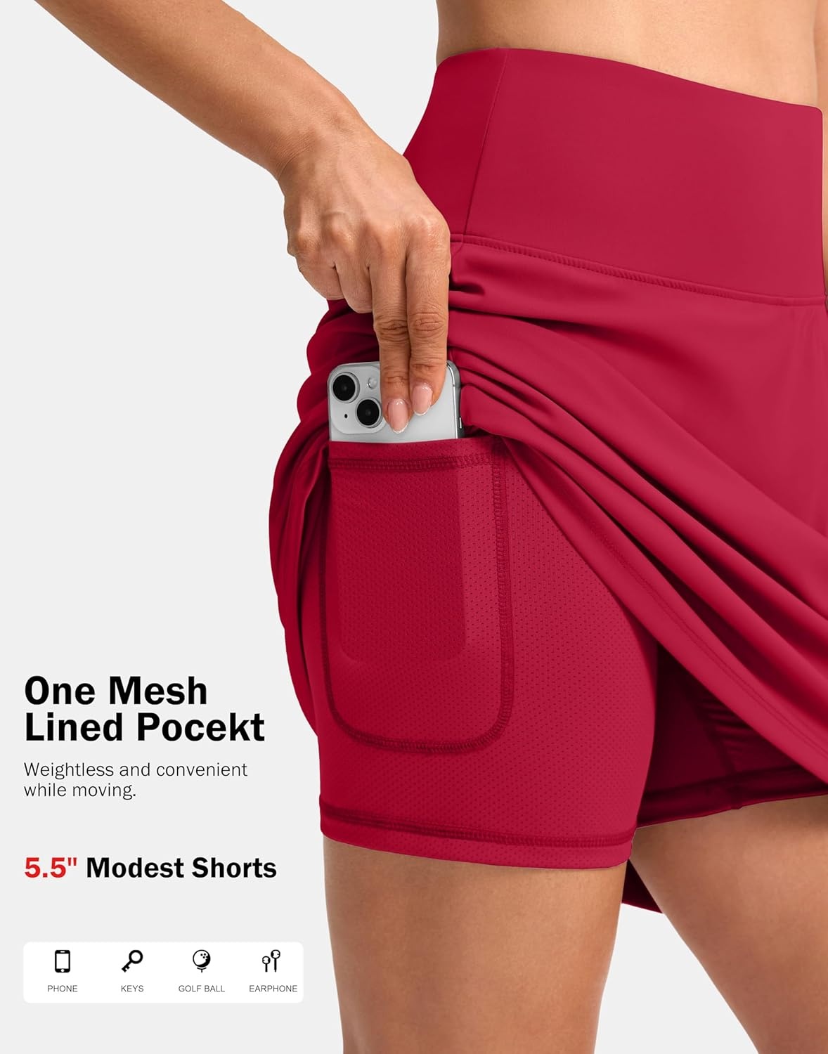 image:imageSANTINY 20 Skorts for Women 3 Pockets High Waist Long Athletic Tennis Skirt Golf Skort for Casual Summer TravelRed