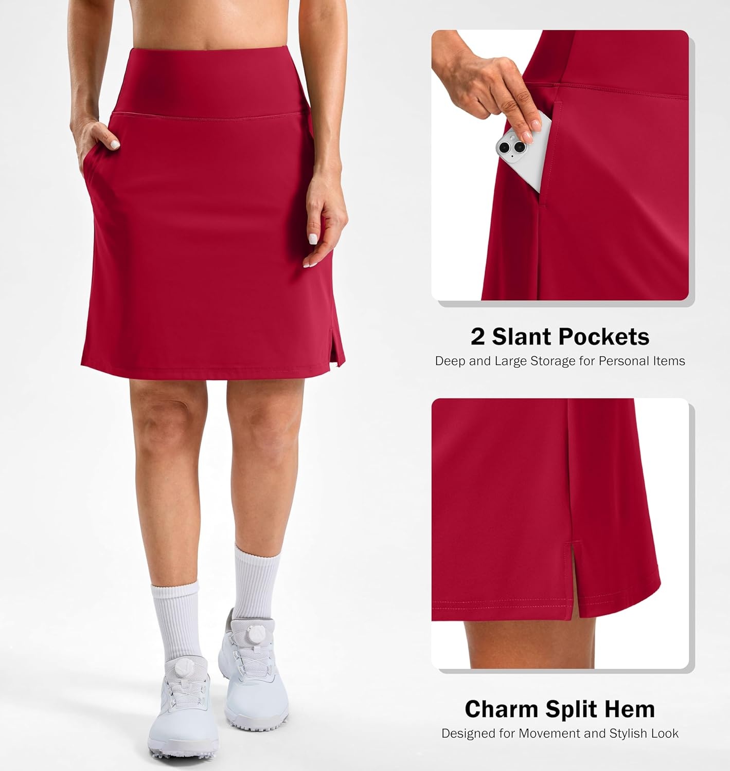 image:imageSANTINY 20 Skorts for Women 3 Pockets High Waist Long Athletic Tennis Skirt Golf Skort for Casual Summer TravelRed