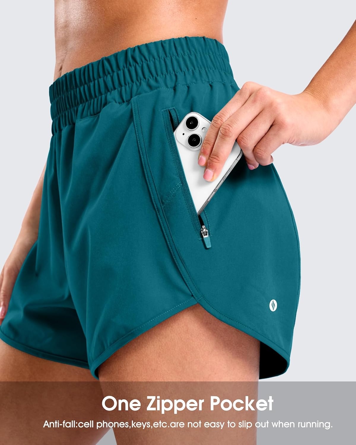 image:imageSANTINY 34 Athletic Running Shorts for Women Dolphin High Waisted Quick Dry Workout Gym Shorts with Zipper PocketBorealis Green