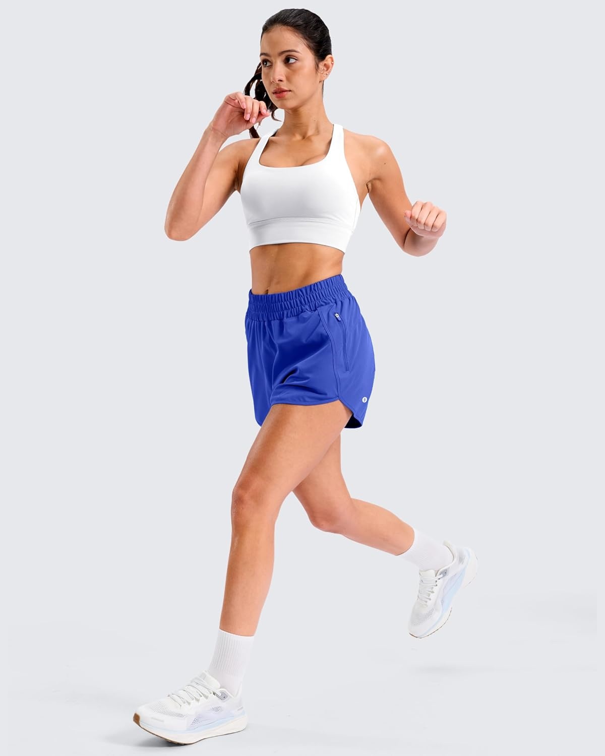 image:imageSANTINY 34 Athletic Running Shorts for Women Dolphin High Waisted Quick Dry Workout Gym Shorts with Zipper PocketCneon Blue
