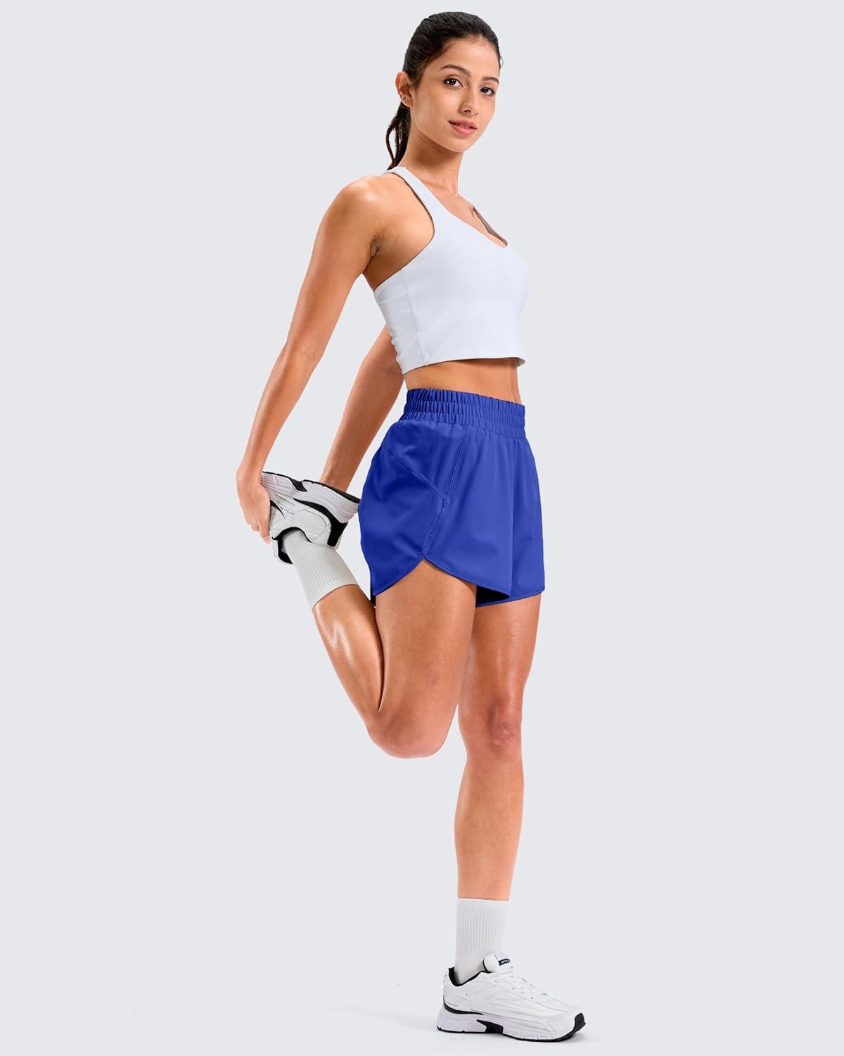 image:imageSANTINY 34 Athletic Running Shorts for Women Dolphin High Waisted Quick Dry Workout Gym Shorts with Zipper PocketCneon Blue