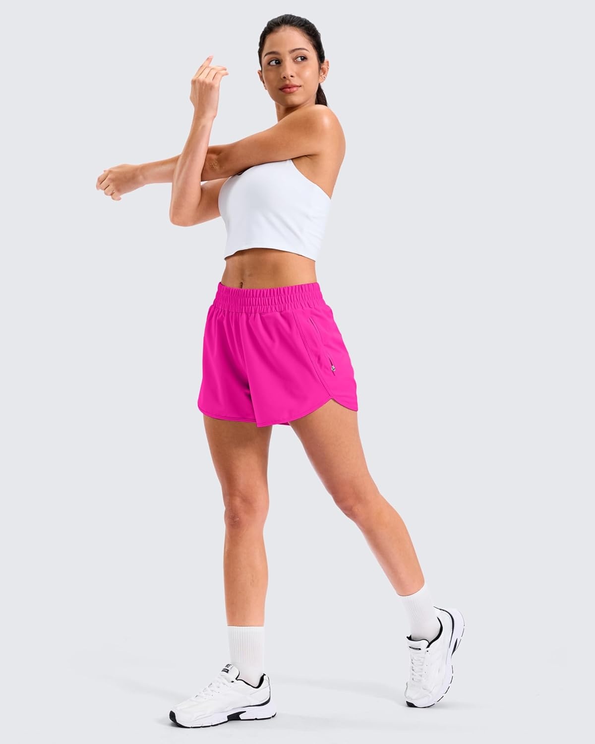 image:imageSANTINY 34 Athletic Running Shorts for Women Dolphin High Waisted Quick Dry Workout Gym Shorts with Zipper PocketCrose