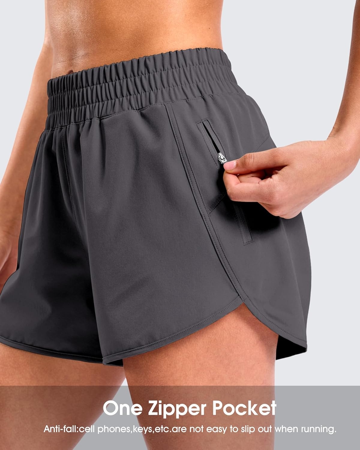 image:imageSANTINY 34 Athletic Running Shorts for Women Dolphin High Waisted Quick Dry Workout Gym Shorts with Zipper PocketDark Grey
