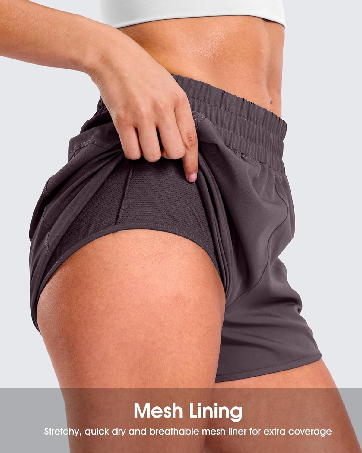 image:imageSANTINY 34 Athletic Running Shorts for Women Dolphin High Waisted Quick Dry Workout Gym Shorts with Zipper PocketGrey Purple