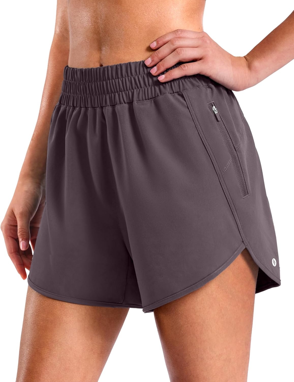 image:imageSANTINY 34 Athletic Running Shorts for Women Dolphin High Waisted Quick Dry Workout Gym Shorts with Zipper PocketGrey Purple