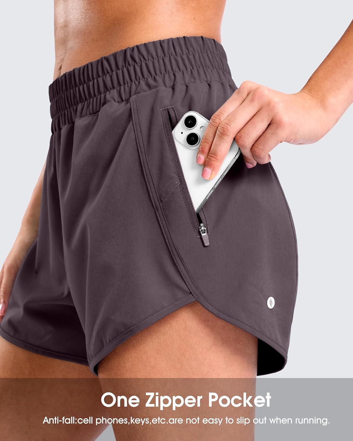 image:imageSANTINY 34 Athletic Running Shorts for Women Dolphin High Waisted Quick Dry Workout Gym Shorts with Zipper PocketGrey Purple