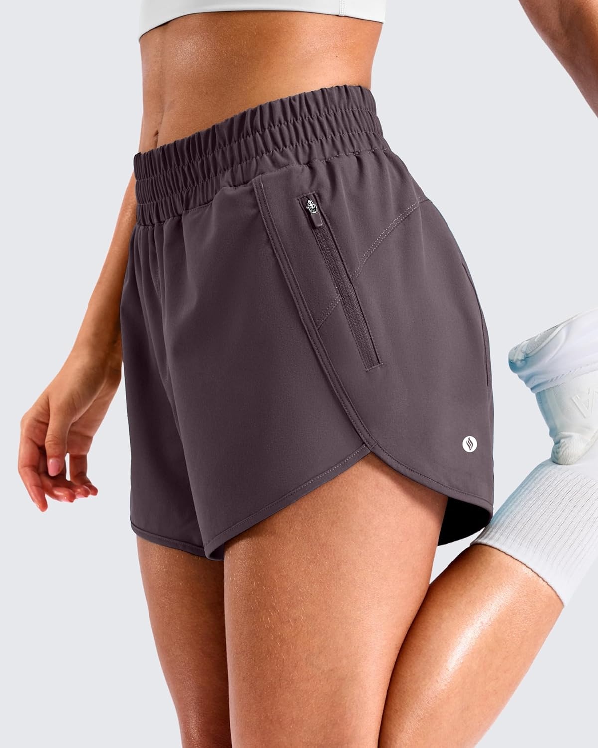image:imageSANTINY 34 Athletic Running Shorts for Women Dolphin High Waisted Quick Dry Workout Gym Shorts with Zipper PocketGrey Purple