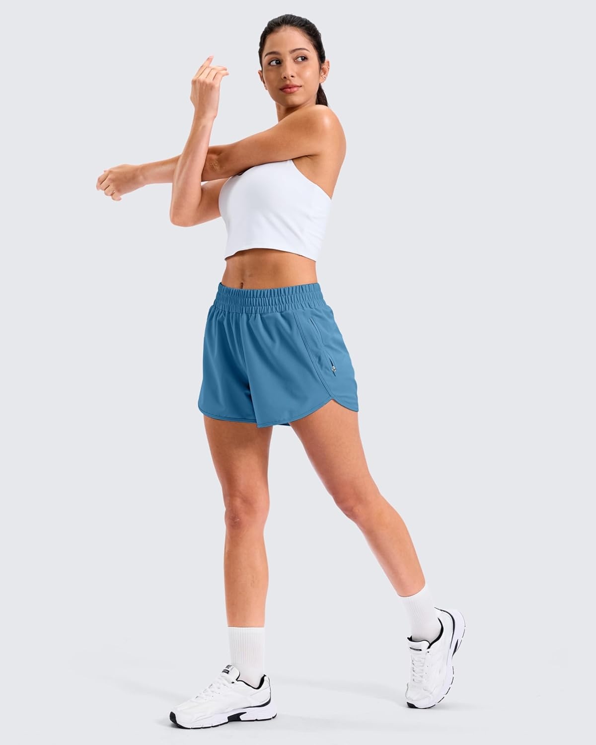 image:imageSANTINY 34 Athletic Running Shorts for Women Dolphin High Waisted Quick Dry Workout Gym Shorts with Zipper PocketIndigo