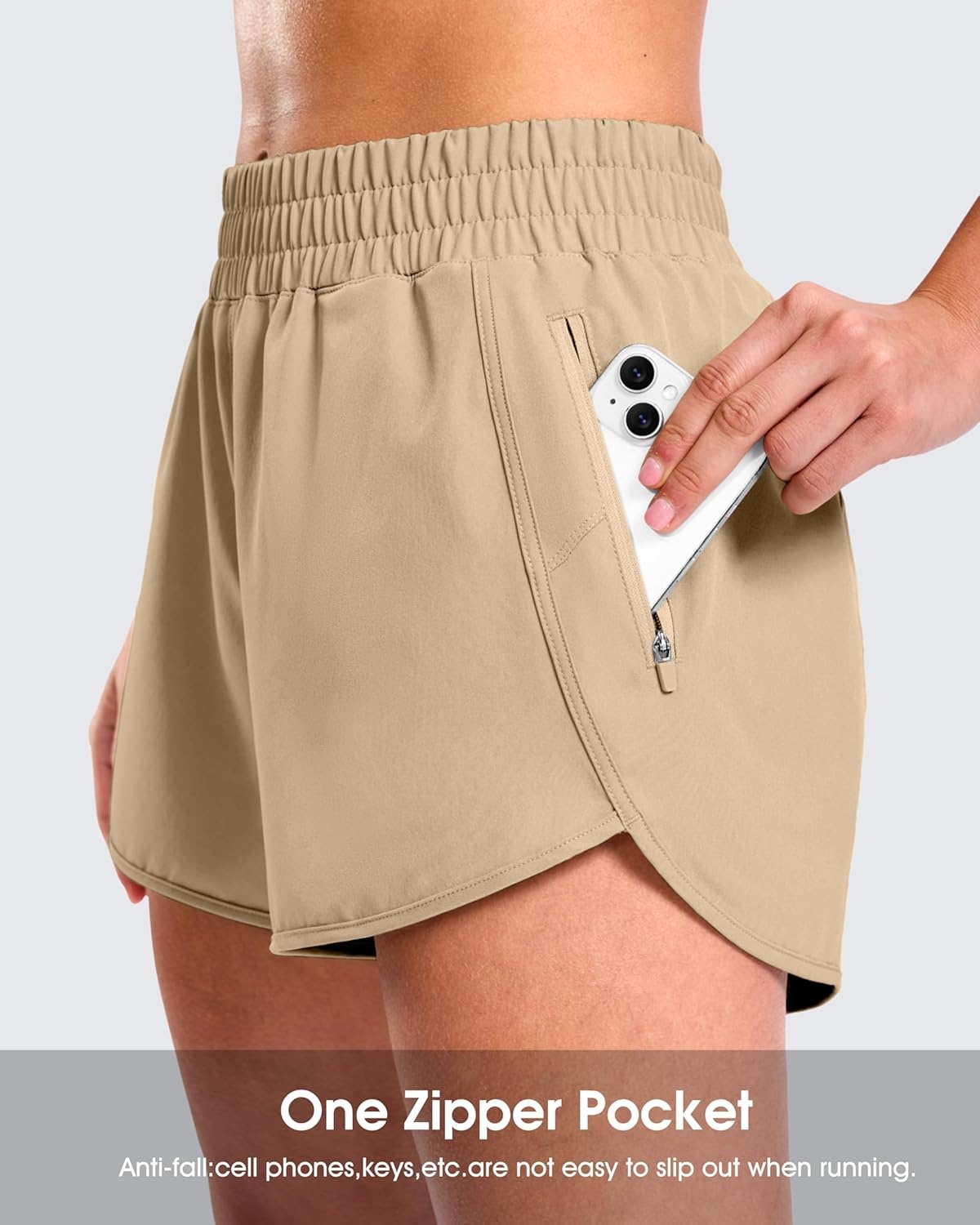image:imageSANTINY 34 Athletic Running Shorts for Women Dolphin High Waisted Quick Dry Workout Gym Shorts with Zipper PocketKhaki